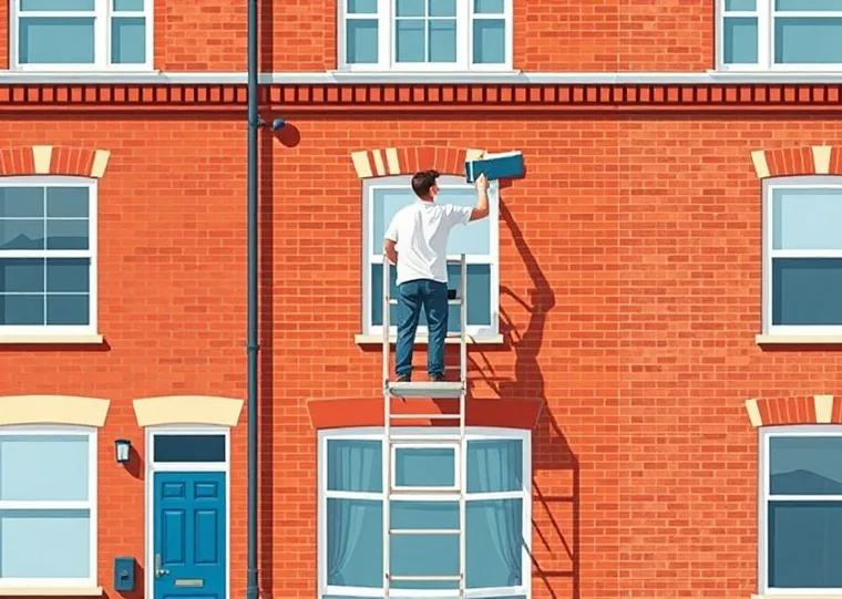 Peintre sur échafaudage traitant la façade d'une maison